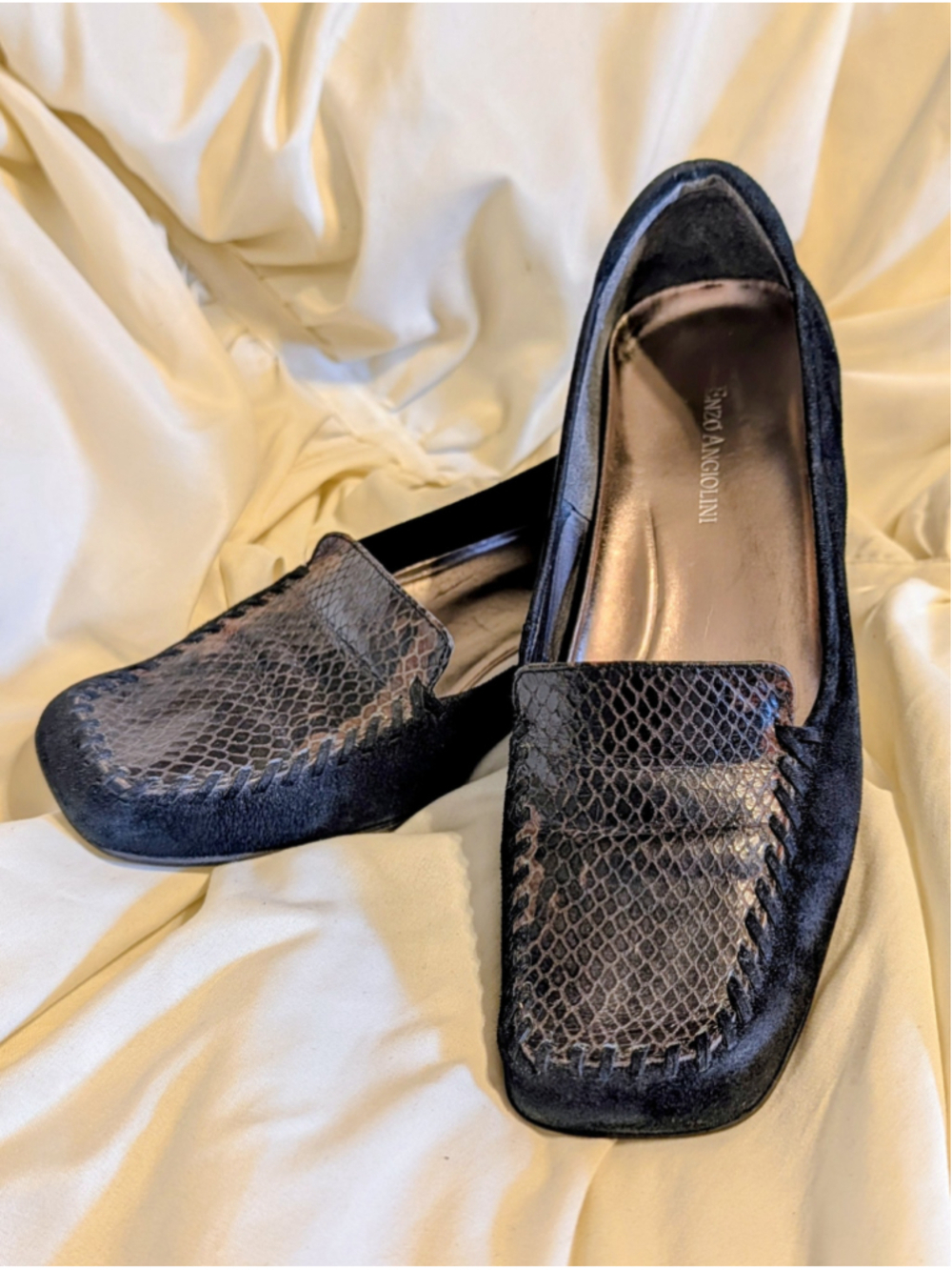 Enzo Angiolini Black Suede Loafers Snakeskin Cap Toe Slip On Flats 8.5